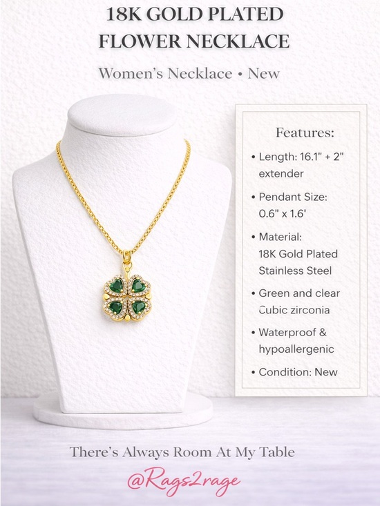 Jewelry - Flower Necklace 18K Gold Plated Stainless Steel Green CZ Pendant